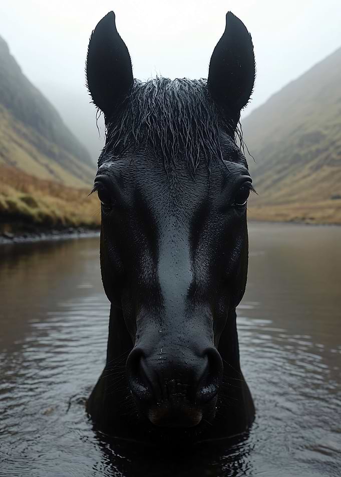 Black horse in a misty lake