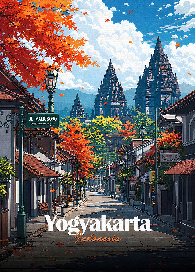 Yogyakarta Street Scene with Temples