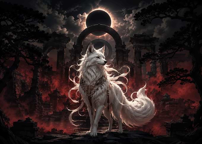 Mythical White Fox Under Eclipse