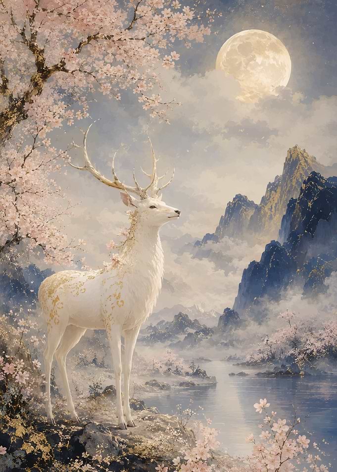 White Deer Under Cherry Blossoms