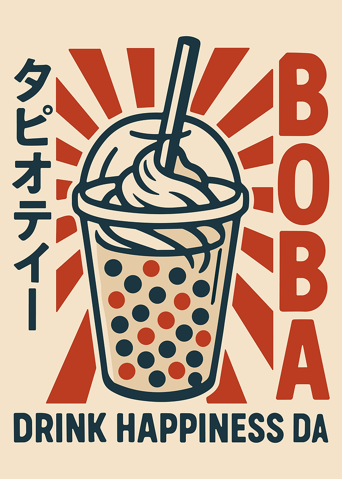 Boba Tea Poster Retro Japanese Style Bubble Tea Wall Art Drink Happiness