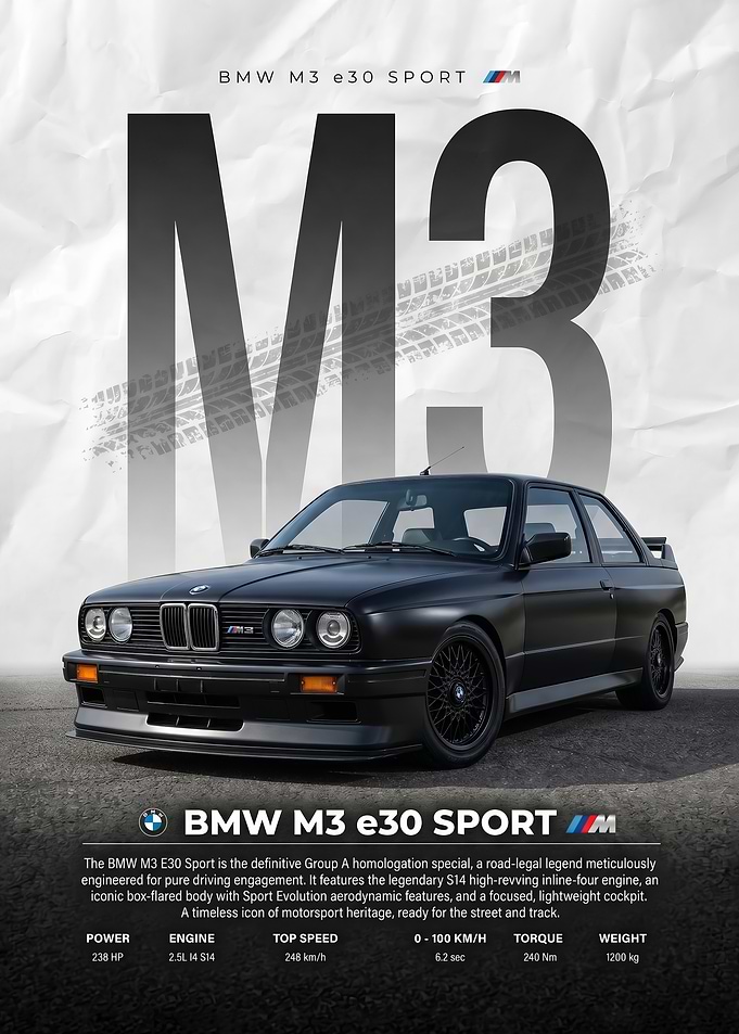 A striking bmw m3 e30 Sport black car Poster