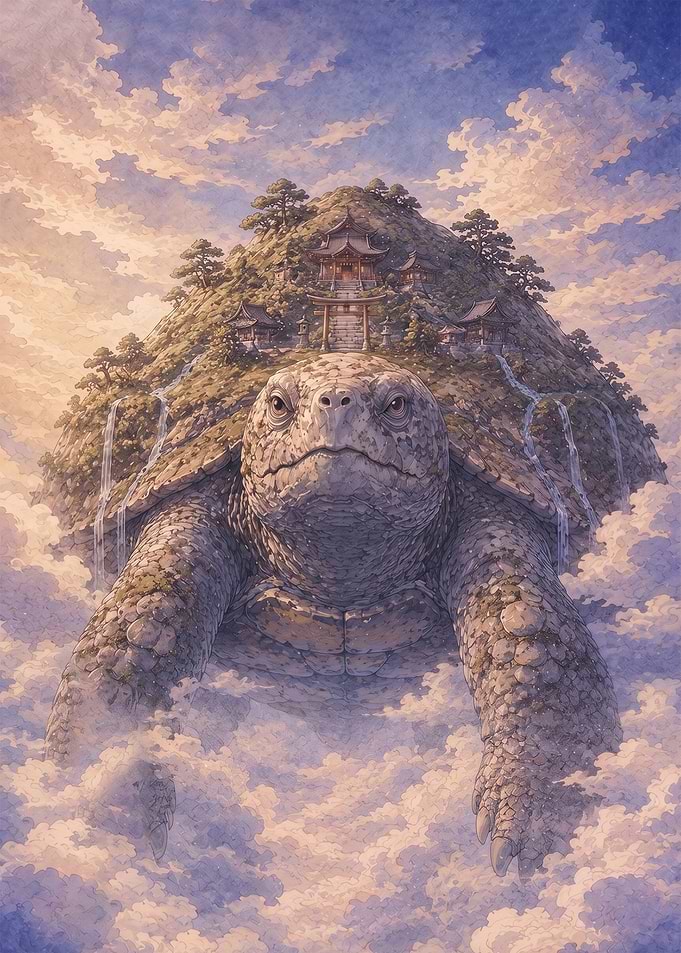 Giant Sacred Tortoise Carrying a Temple Through the Clouds