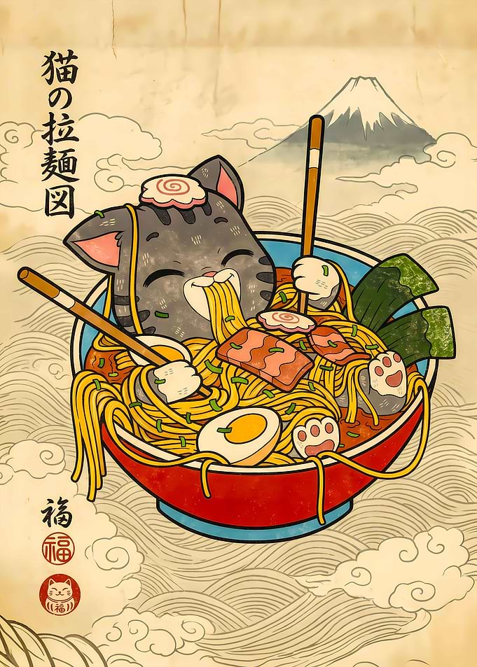 Cat Eating Ramen with Mount Fuji