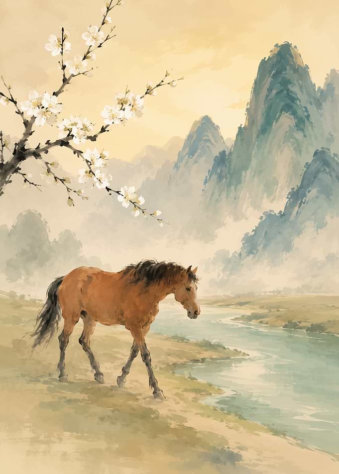 Horse by a River with Mountains and Blossoms