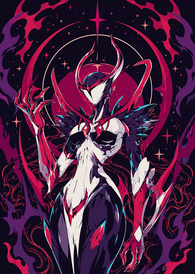 Warframe Demonic Figure with Horns and Red Accents
