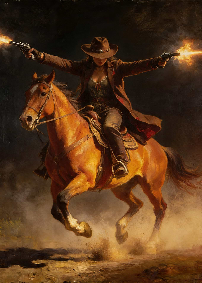 Cowgirl Firing Guns on Horseback