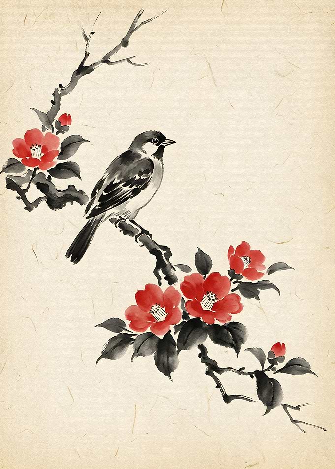 Sparrow on a Camellia Branch