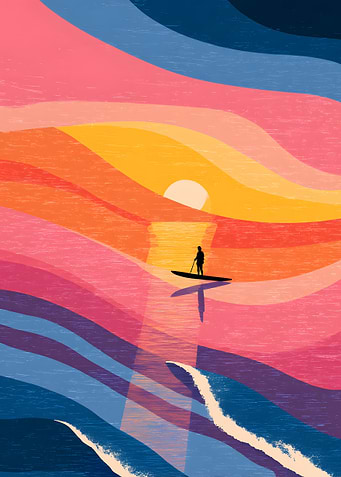 Paddleboarder at Sunset, Minimalist Waves Design