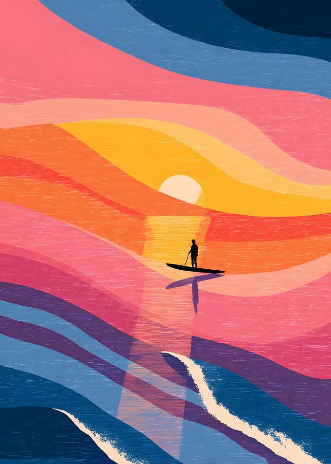Paddleboarder at Sunset, Minimalist Waves Design