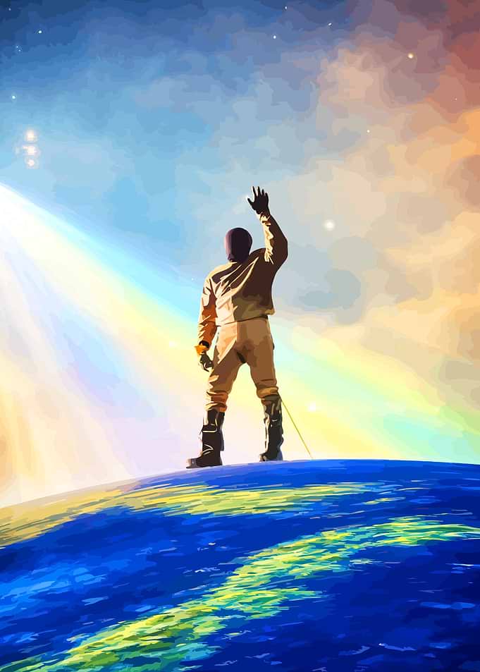 Kanye West waving from Earth's surface