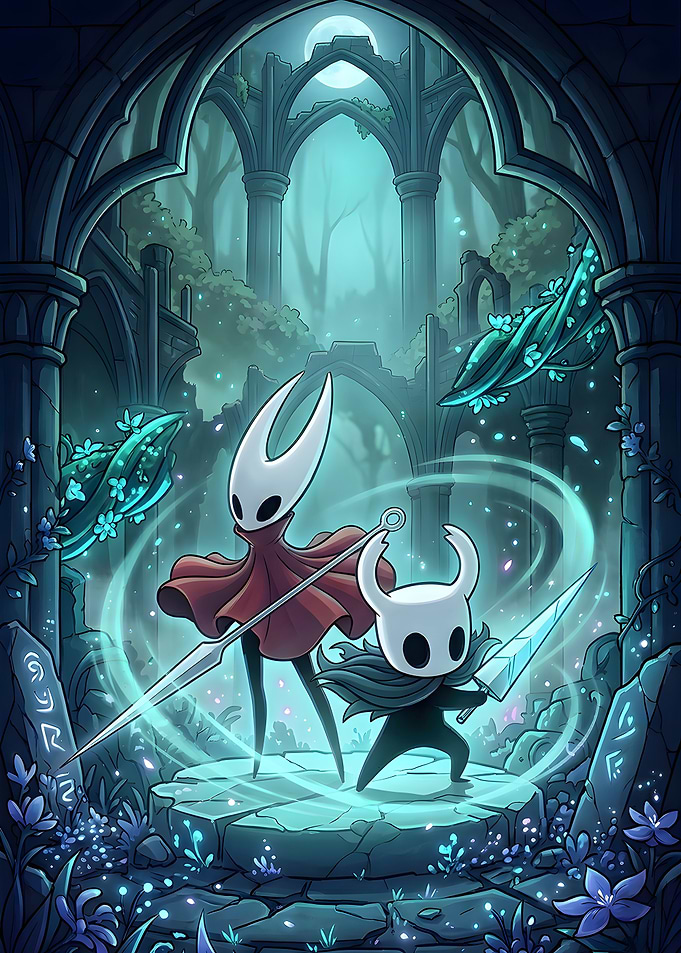 Hollow Knight and Hornet in ruins