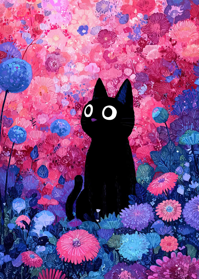Black Cat in a Floral Garden