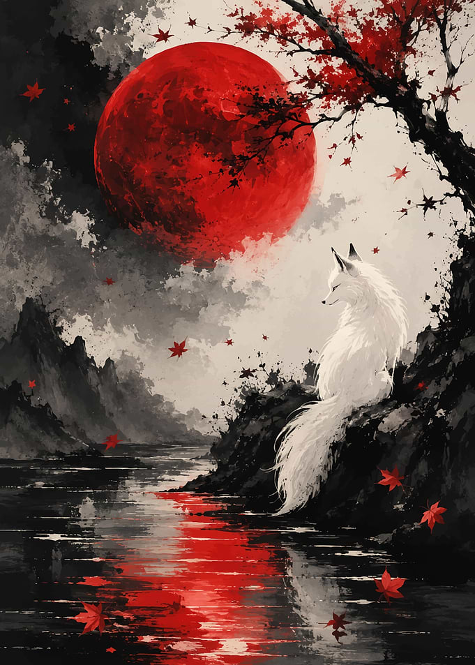 White Fox Under Red Moon