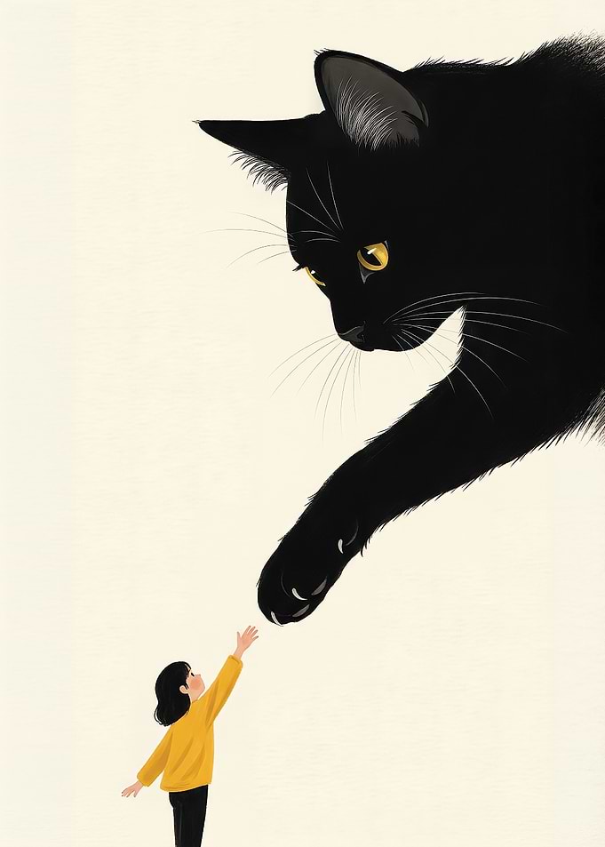 Giant Black Cat Reaches for a Child