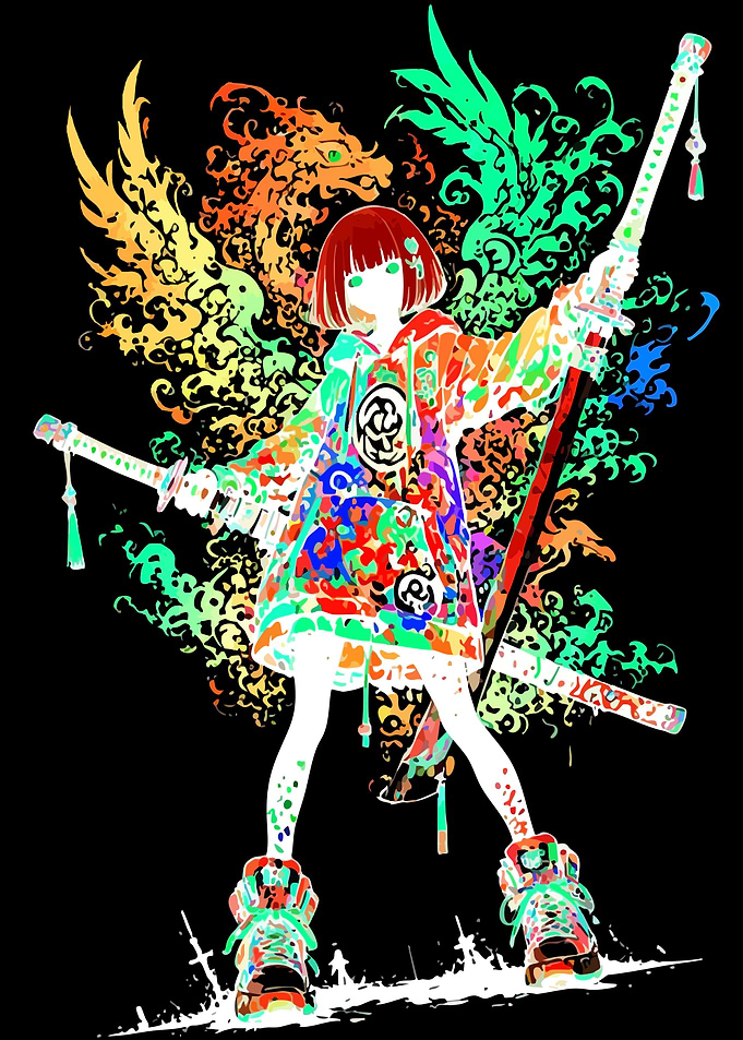 Anime Girl with Colorful Dragon Wings and Swords