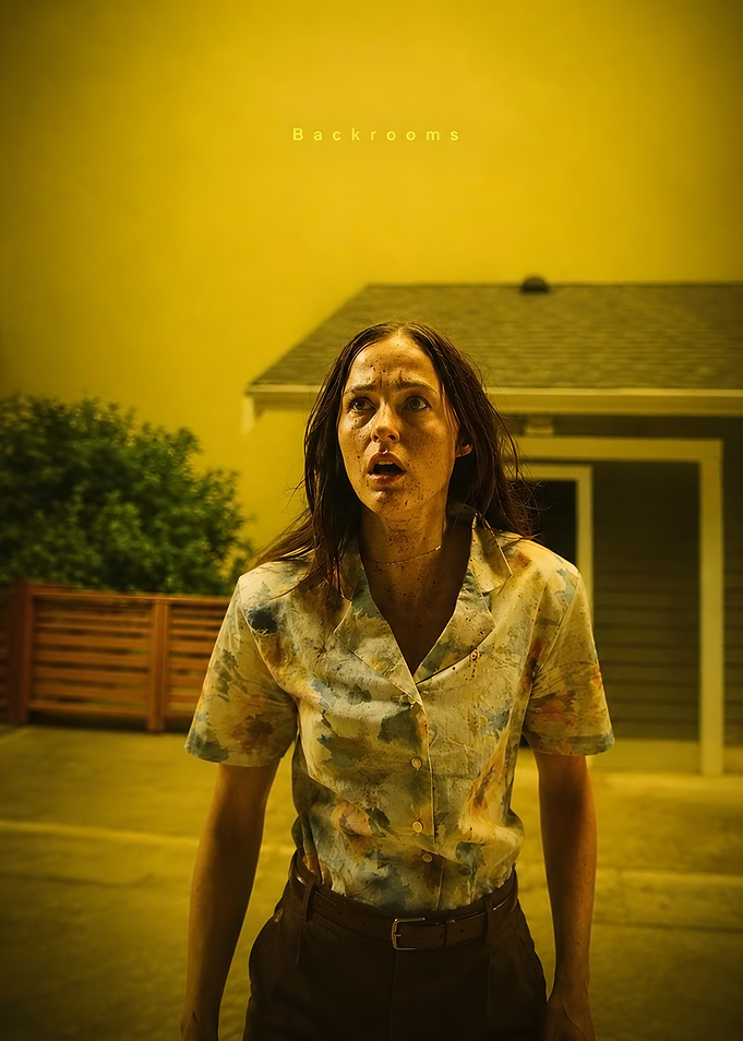 Woman in yellow room with 'Backrooms' text