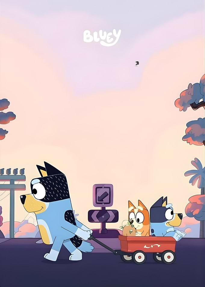 Bluey characters pulling a wagon