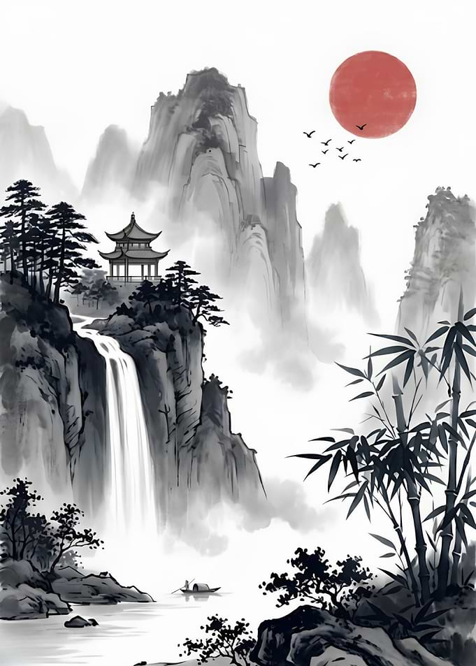 Serene Mountain Landscape with Pagoda and Waterfall