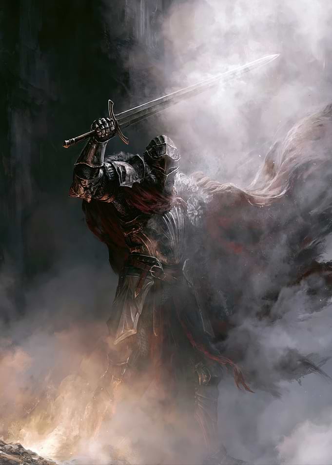 Knight Raising Sword in Smoke