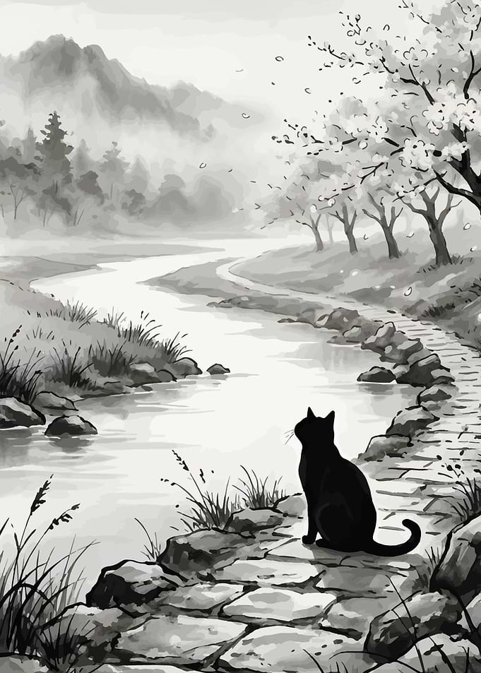 Black Cat by a Serene River