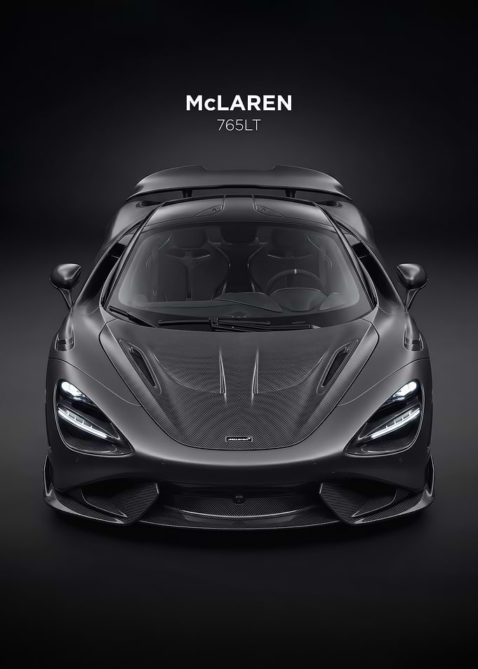 sleek black McLaren 765LT Front View car poster