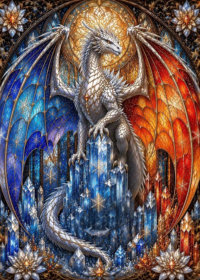 Stained Glass Dragon on Crystal Throne