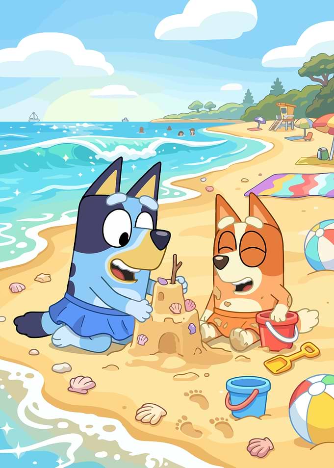 Bluey and Bingo build a sandcastle