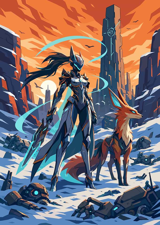 warframe Sci-fi warrior with fox companion