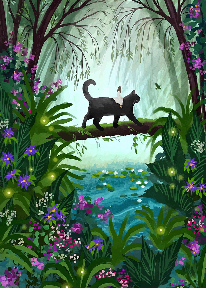 Girl Riding Black Cat in Enchanted Forest