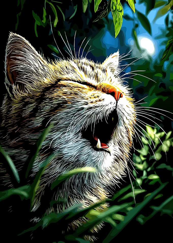 Close-up of a yawning wildcat in foliage