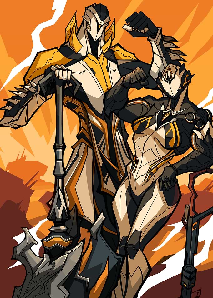 Warframe characters with weapons