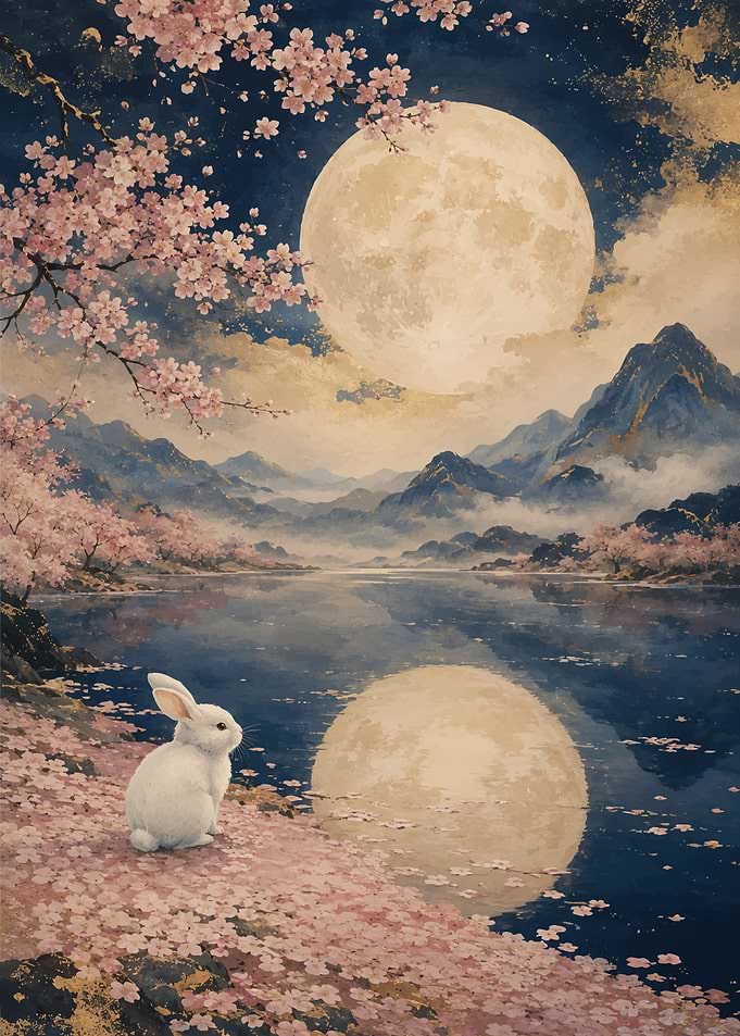Rabbit Under Cherry Blossoms and Full Moon