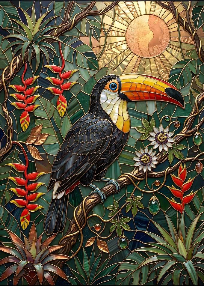 Toucan in a Tropical Stained Glass Garden