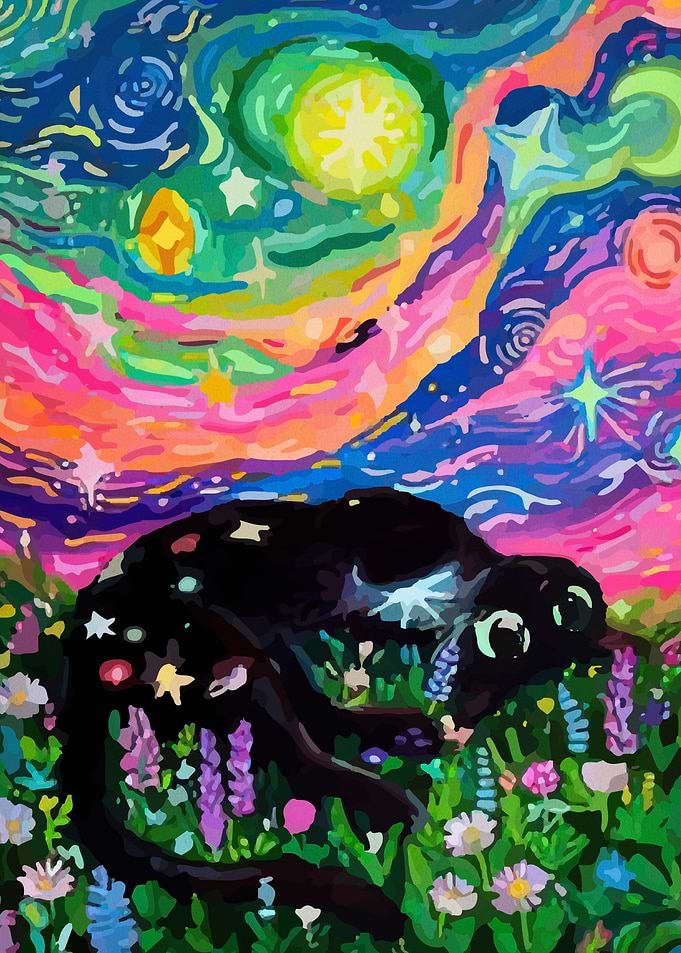Black Cat in Starry Night Field