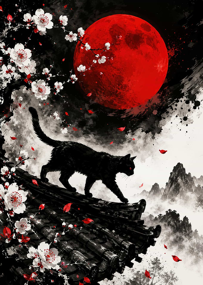 Black Cat Under Red Moon