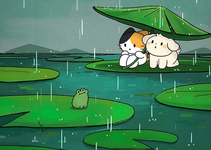 Cute animals sheltering from rain