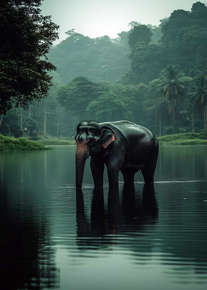 Elephant in a Misty Jungle Lake