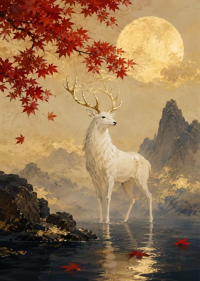 White Stag Under Autumn Moon