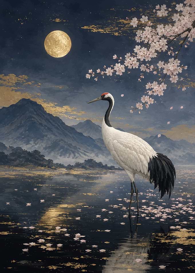 Crane under Cherry Blossoms and Moon