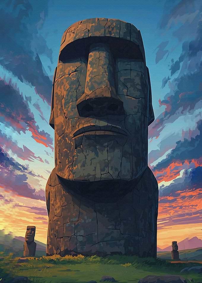 Moai statues at sunset