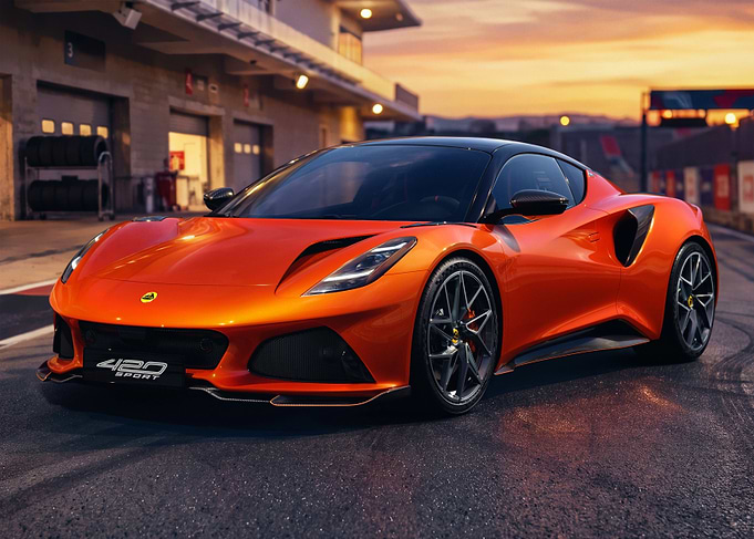 Orange Lotus Emira 420 Sport on Track