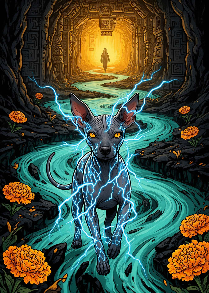 Sphynx Dog with Lightning in Ancient Tunnel
