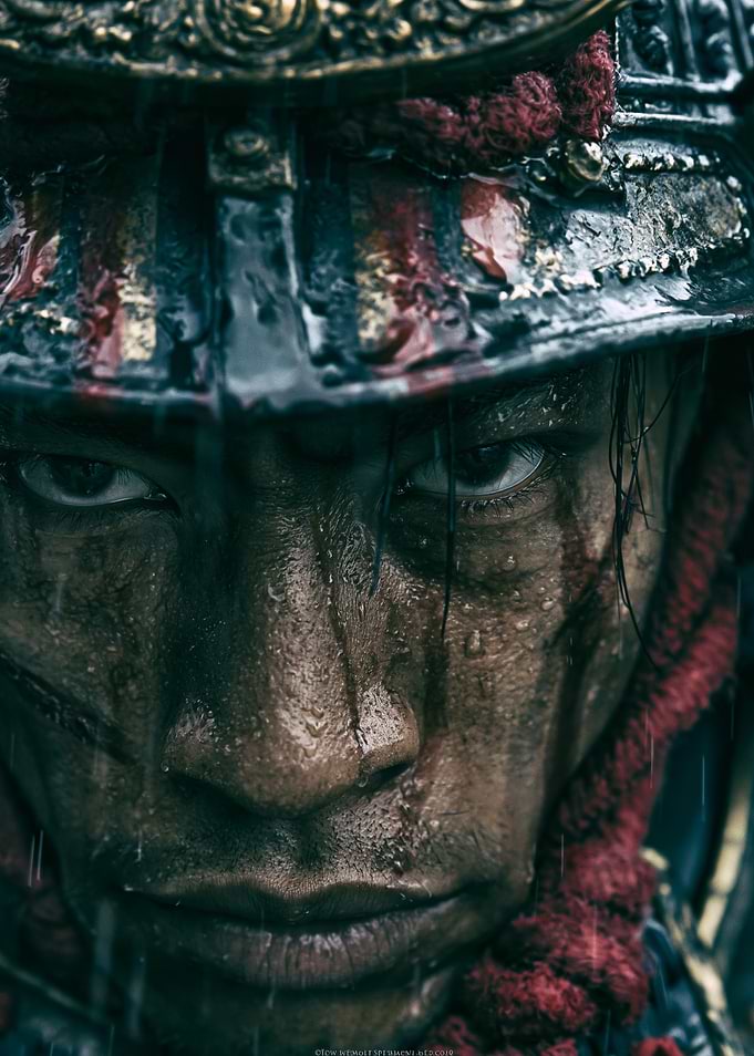 Close-up of a Samurai Warrior in Rain