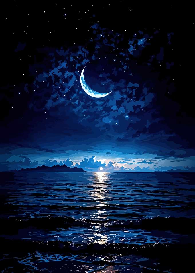 Crescent Moon Over Ocean at Night