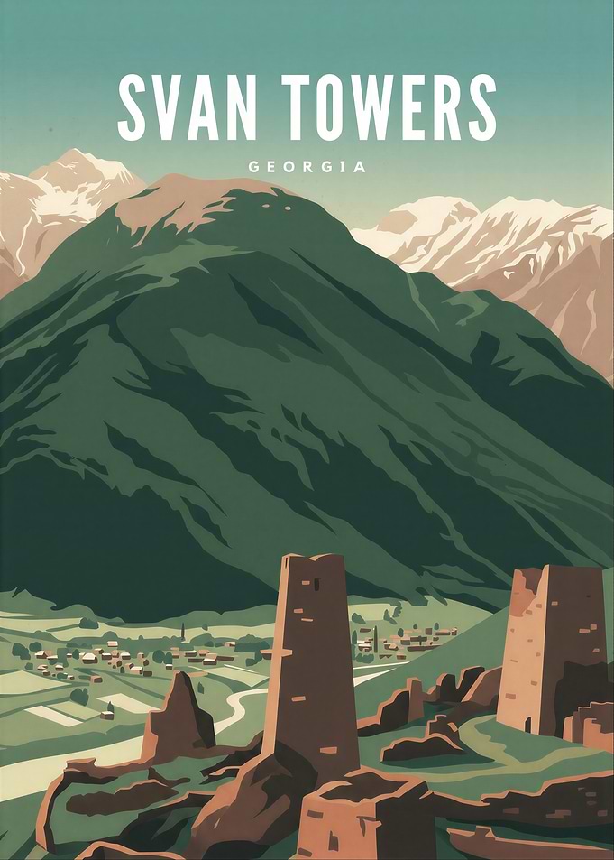 Svan Towers Georgia Vintage Poster