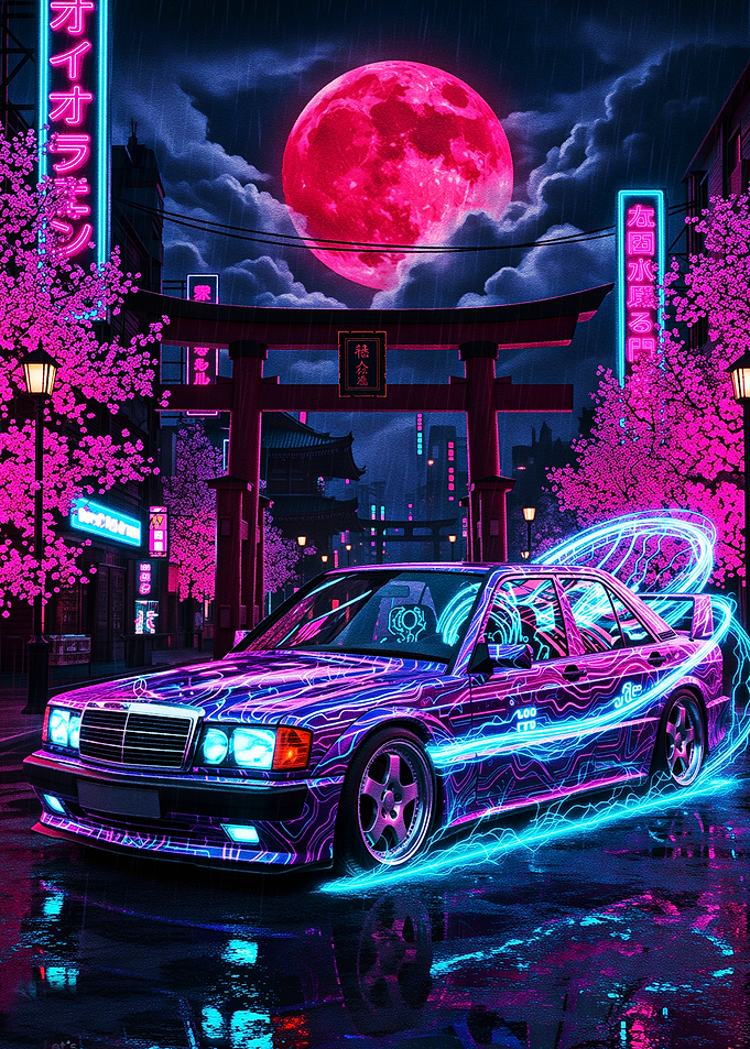 Cyberpunk Car Under Pink Moon