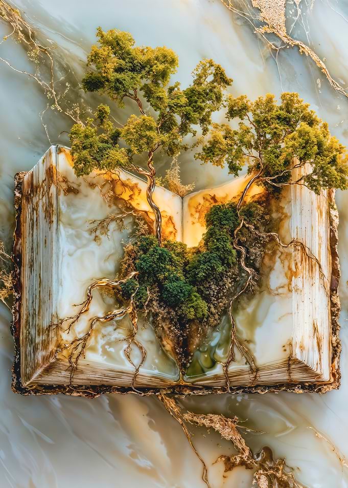 Marble Book with Growing Trees