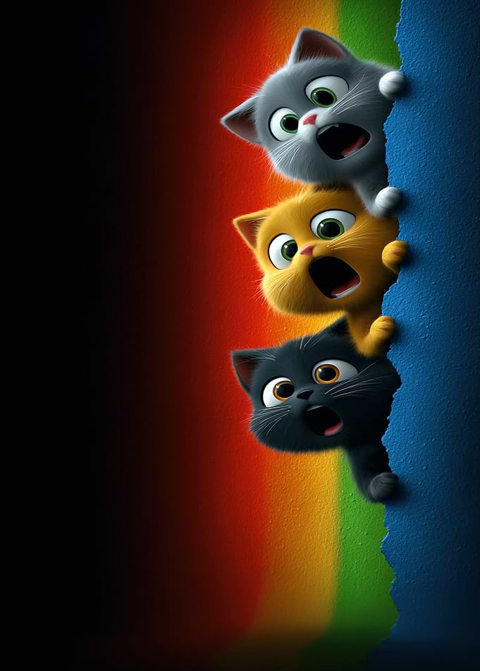 Three cartoon cats peeking over a torn edge
