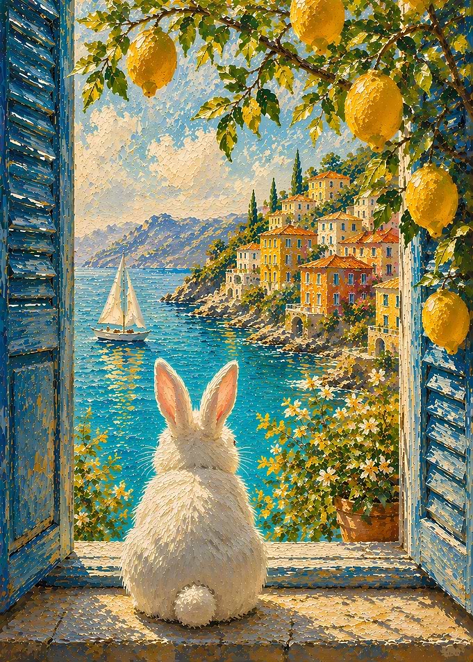 Bunny overlooking a coastal village